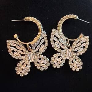 Fashion Jewelry gold tone metal & rhinestone butterfly earrings